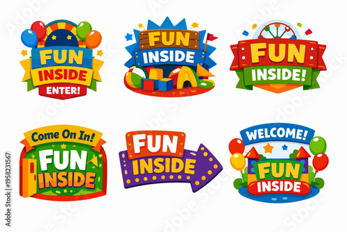 Fun inside welcoming badge collection for kids entertainment, playground, and amusement park events