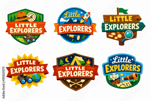 Collection of little explorers emblems illustrating outdoor recreation, travel, and adventure themes for children