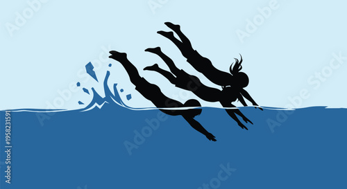 Vector illustration of 3 scuba divers diving into water