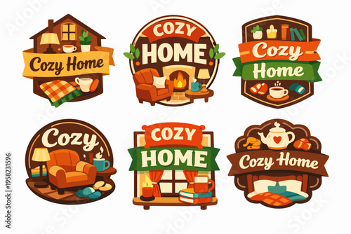Cozy home stickers collection featuring comfortable indoor scenes and elements for autumn and winter hygge lifestyle