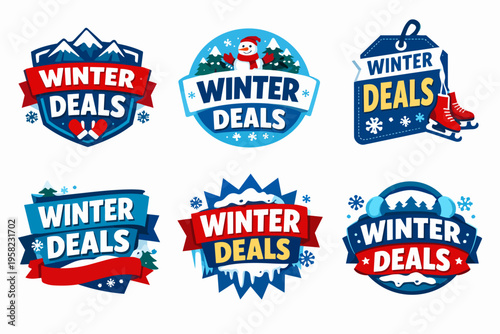 Winter deals collection featuring promotional badges and labels with season themes like snow, ice, and winter activities