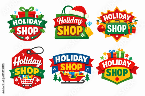 Holiday shop marketing badges with gift boxes, santa hat, shopping bag, sleigh, and shopping cart motifs