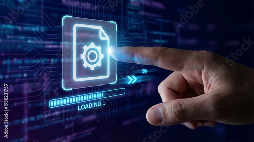 A human hand points at a glowing digital file icon with a gear symbol and loading bar, set against a futuristic circuit background.
