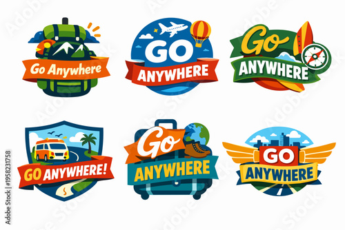 Travel and adventure badges collection featuring various transportation modes, outdoor activities, and the go anywhere slogan