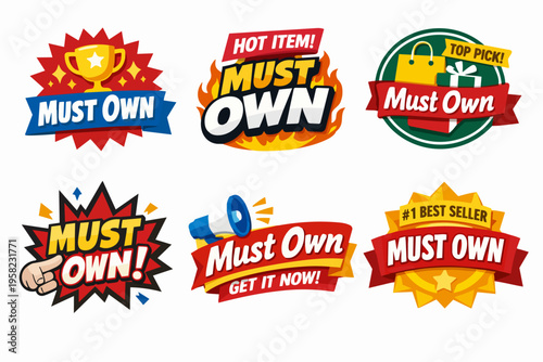 Collection of must own badges and labels in cartoon style promoting discount items and best seller products