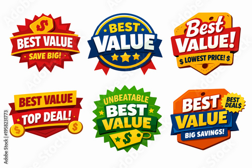 Best value badge set promoting big savings, lowest prices, top deals, and unbeatable offers for discounts