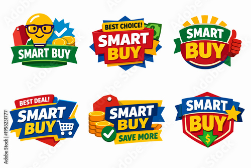 Smart buy labels promoting best deals, save more, and discount offers with shopping concepts