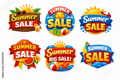 Summer sale badges presenting discount offers, tropical vacation themes, and seasonal promotions with beach elements