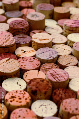 Natural corks texture as rustic background for interior design projects. Red beige color wine cork textured pattern surface from organic material qualities, craft aesthetics and eco oriented visual