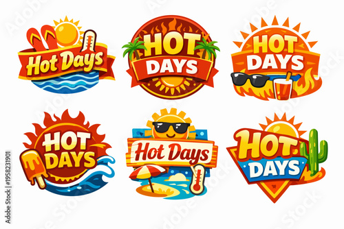 Hot days badge set displaying summer vacation, beach, sun, and heat concepts with cartoon icons