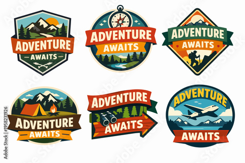 Outdoor adventure emblems with mountains, forest, camping, hiking, travel, and exploration concepts