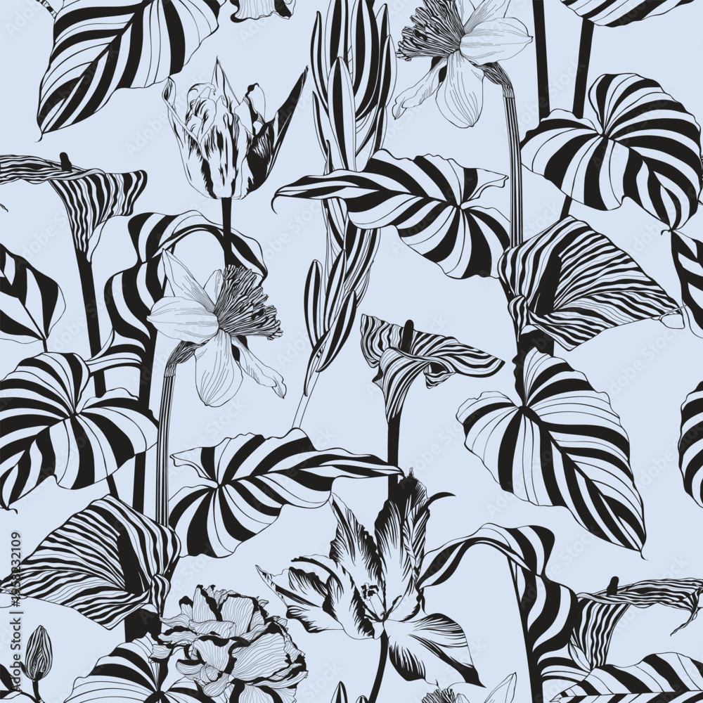 Naklejka premium Pattern background with tulips, daffodils, callas, flowers, leaf drawing illustration. Exotic line illustration.