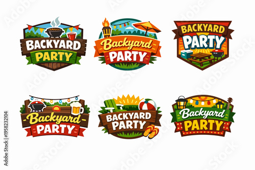 Backyard party logos collection featuring barbecues, picnic items, summer elements, and celebration symbols for outdoor events
