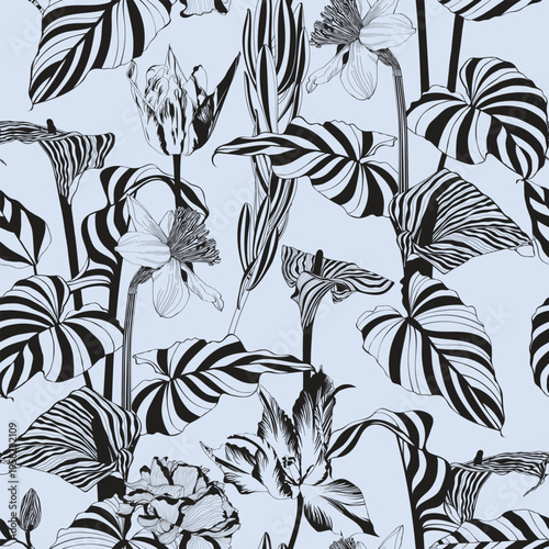 Pattern background with tulips, daffodils, callas, flowers, leaf drawing illustration. Exotic line illustration.