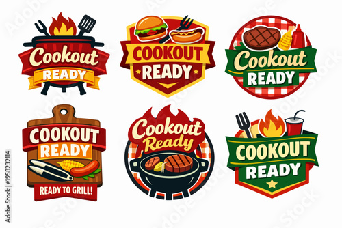 Cookout ready logos with barbecue grill elements, grilling tools, flame, steak, burger, hot dog, and corn on the cob symbols