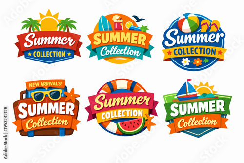 Summer collection badges with tropical icons, promoting seasonal vacation travel and holiday new arrivals