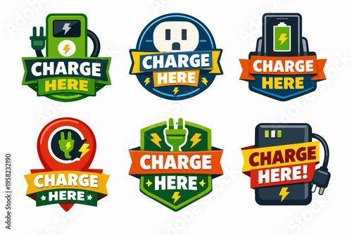 Charging station badges and labels representing electric vehicle power and energy supply concepts for modern infrastructure