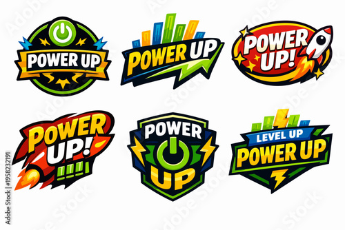 Power up and level up gaming emblems or badges collection on white background for development and energy