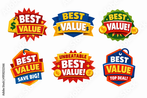 Best value marketing badges promoting unbeatable offers and top deals for retail advertising with savings and discounts