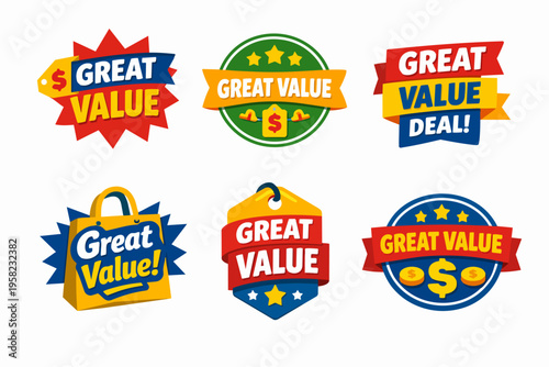 Great value stickers and badges set featuring price tags, discount symbols, and icons for retail promotion banners