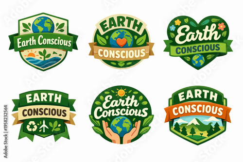 Earth conscious logos featuring various environmental themes like globe, plants, water, and mountains, emphasizing green living