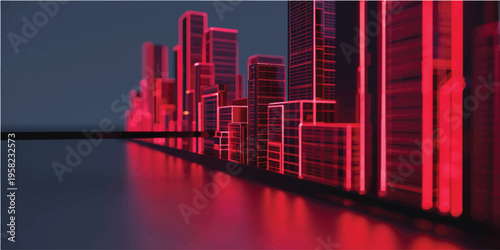 3D vector illustration of a red night city skyline featuring financial growth bar charts and urban architecture to represent business success in a modern skyscraper cityscape
