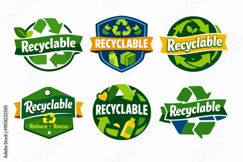 Recycling labels collection featuring circular arrows and text, promoting waste reduction and environmental sustainability badges