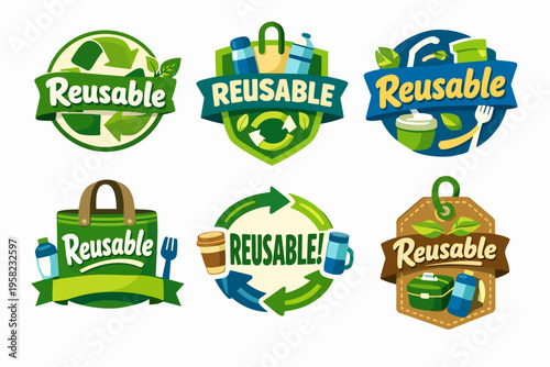 Reusable and recycling eco-friendly labels collection depicting zero waste lifestyle and sustainability concepts