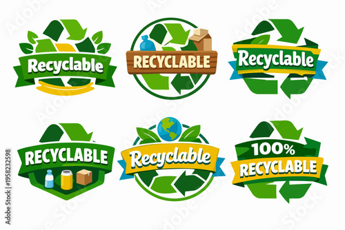 Set of recyclable product labels and eco badges, promoting sustainability, waste reduction, and environmental care