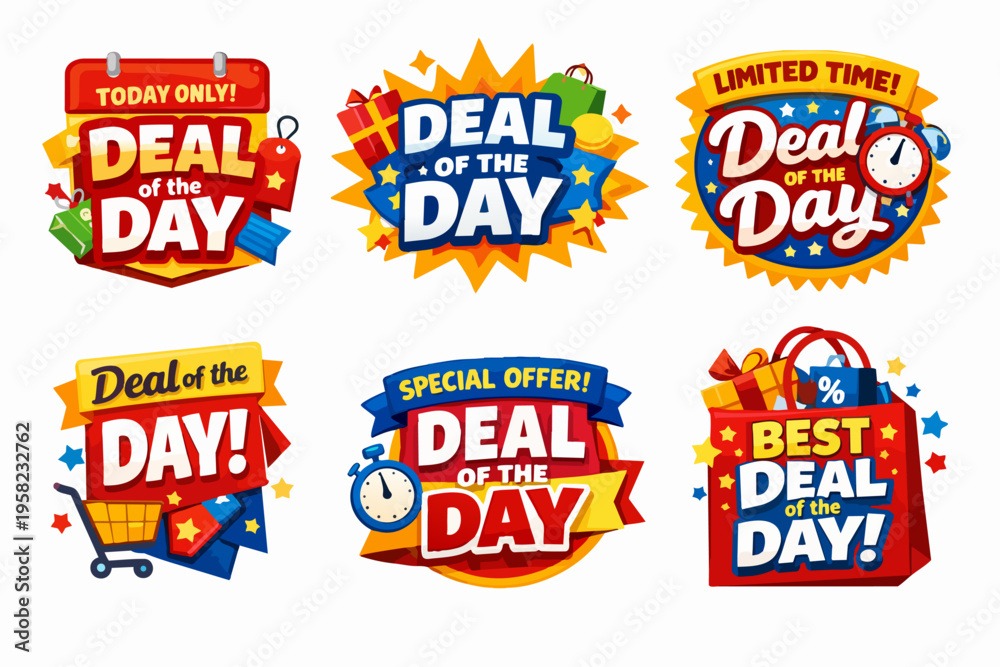 Naklejka premium Deal of the day sticker collection offering special sales, limited time discounts and best offers for online shopping promotion