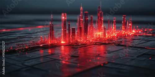 Abstract red blood cells flow through an industrial city night where refinery towers and factory lights reflect over water fountains against a petrochemical sky