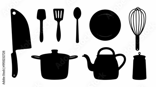 Black silhouette kitchen utensils and cookware set on white background for cooking and recipe design