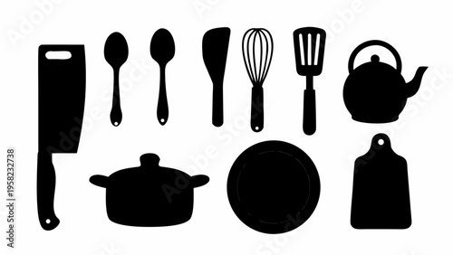 Black silhouette kitchen utensils and cookware set on white background for cooking and recipe design