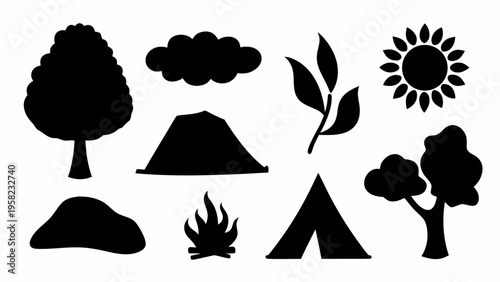 Nature icons set with black silhouettes of trees sun clouds mountains tent and campfire on white background