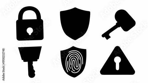 Black silhouette security icons set including lock shield key and fingerprint symbol