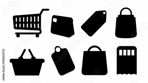 Black silhouette shopping icons set including cart bags and tags on white background for commerce and retail themes