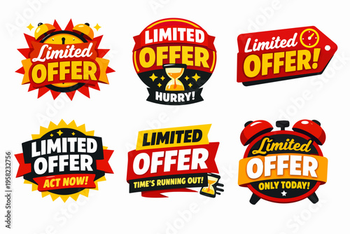 Limited offer badges showcasing urgent promotions and special discounts for online marketing campaigns