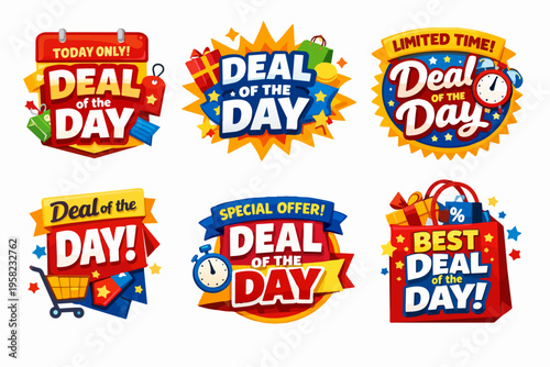Deal of the day sticker collection offering special sales, limited time discounts and best offers for online shopping promotion