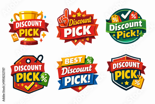 Collection of promotion badges showcasing discount pick, best sale offer, and deal labels for retail shopping