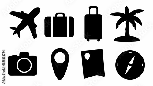 Black silhouette travel icons set including airplane luggage palm tree camera map and compass on white background