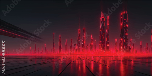 Abstract red technology background featuring a vector cityscape silhouette with night skyscrapers and urban architecture light reflections