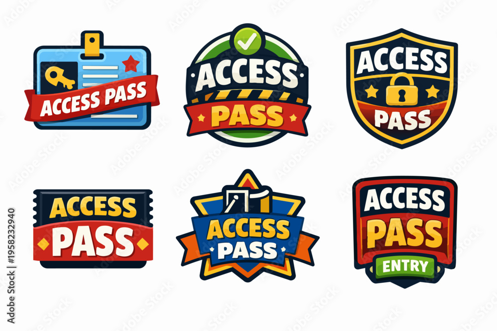 Naklejka premium Access pass badges and security permit authorization symbols set, granting entry and identification to restricted areas