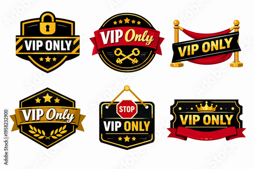 Vip only badges set for exclusive access, premium membership, luxury club, special event, priority clients