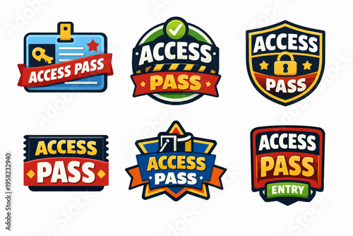 Access pass badges and security permit authorization symbols set, granting entry and identification to restricted areas