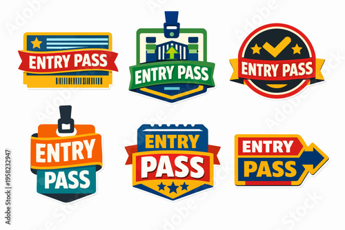 Set of entry pass and admission tickets, identification badges for event guests, access control and security passes