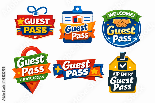 Guest pass and vip entry badges set, offering visitor access and welcome identification for events or venues