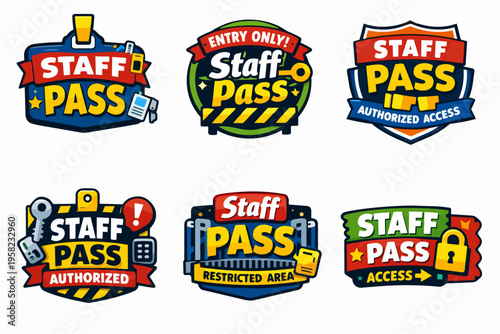 Staff pass logo collection featuring authorized access badges for restricted areas, entry only, and security clearance concepts