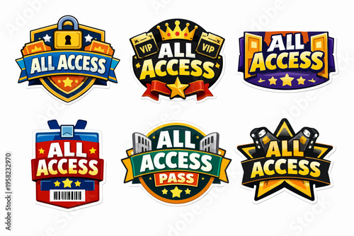 All access pass and vip exclusive badges set with gold stars, a crown, and a lock symbol, granting premium event entry