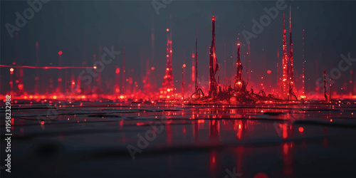 A glowing industrial petrochemical refinery plant with tall chimneys and power towers illuminates the night city sky along a river landscape at sunset