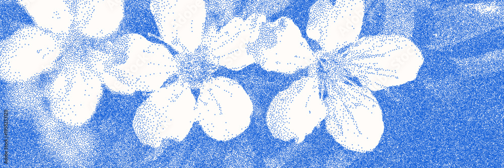 Naklejka premium Blue cyanotype apple blossom botanical background. Stipple dot overlay texture with flower and twig silhouette. Delicate indigo blue nature banner for template and graphic design project.